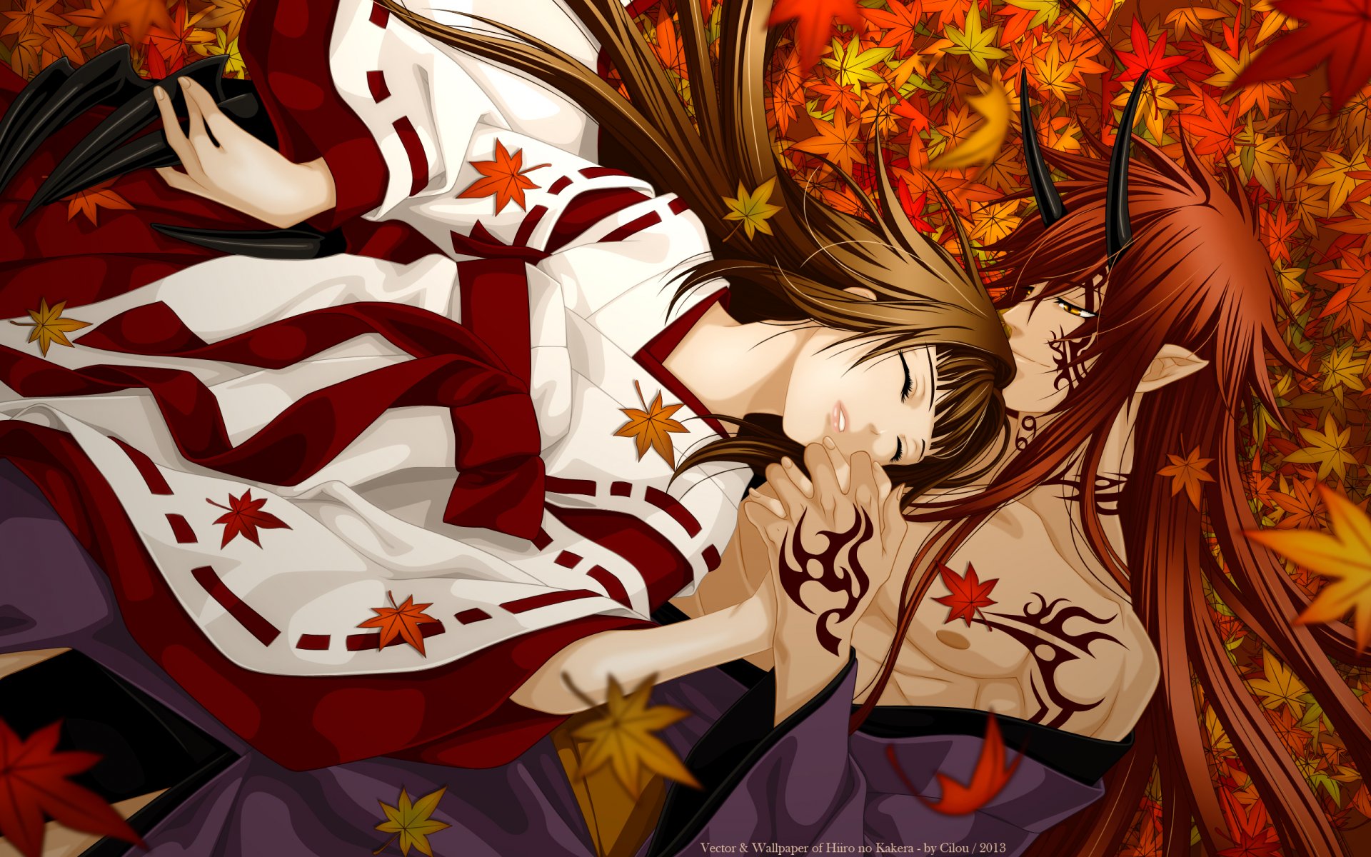 art cilou anime hiiro no kakera pieces of red onizaki takuma kasuga tamaki girl guy horn demon tattoo kimono