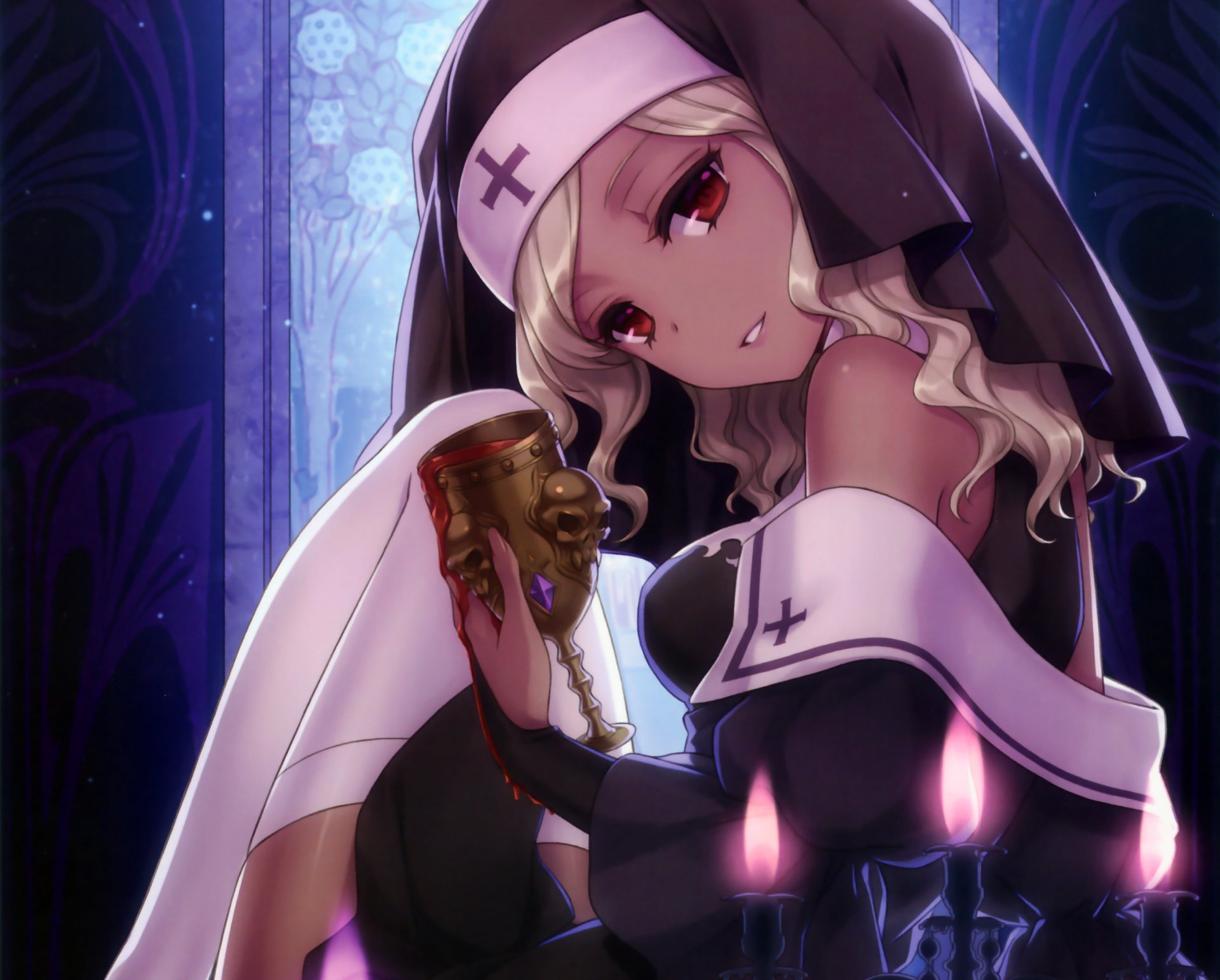 art an2a girl candles a nun fire glass skull anime blood