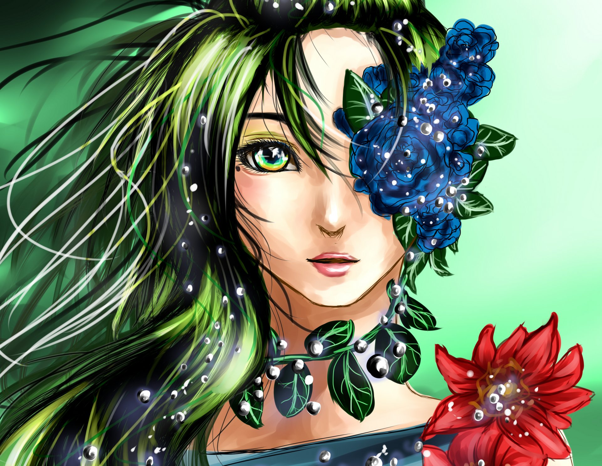 anime mädchen gesicht augen blick haare. blumen blätter kunst