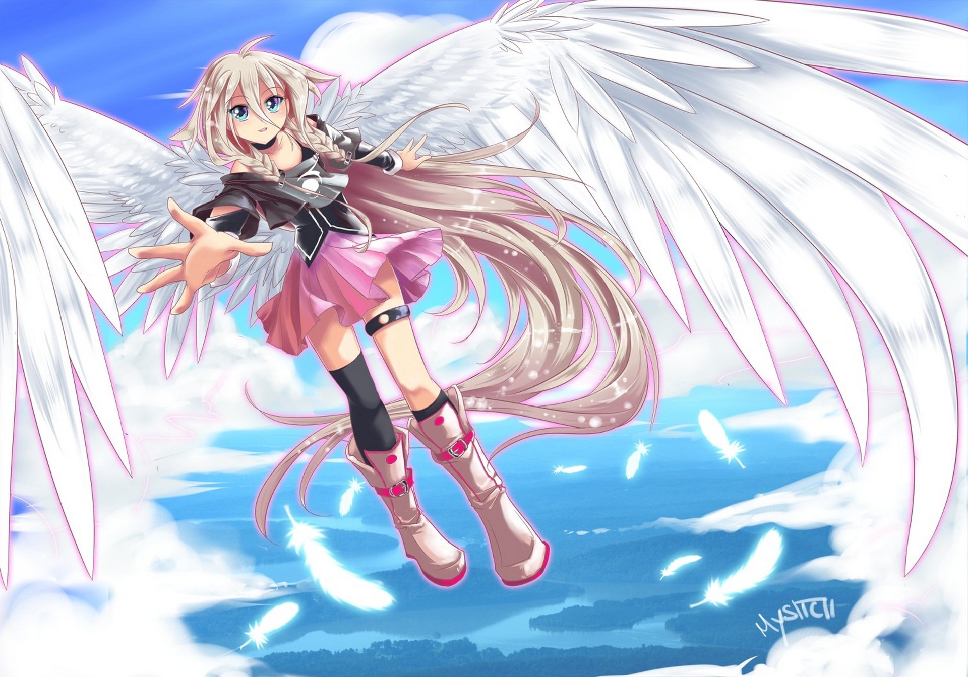 arte vocaloid ia chica alas plumas cielo vocaloid nubes naturaleza vuelo