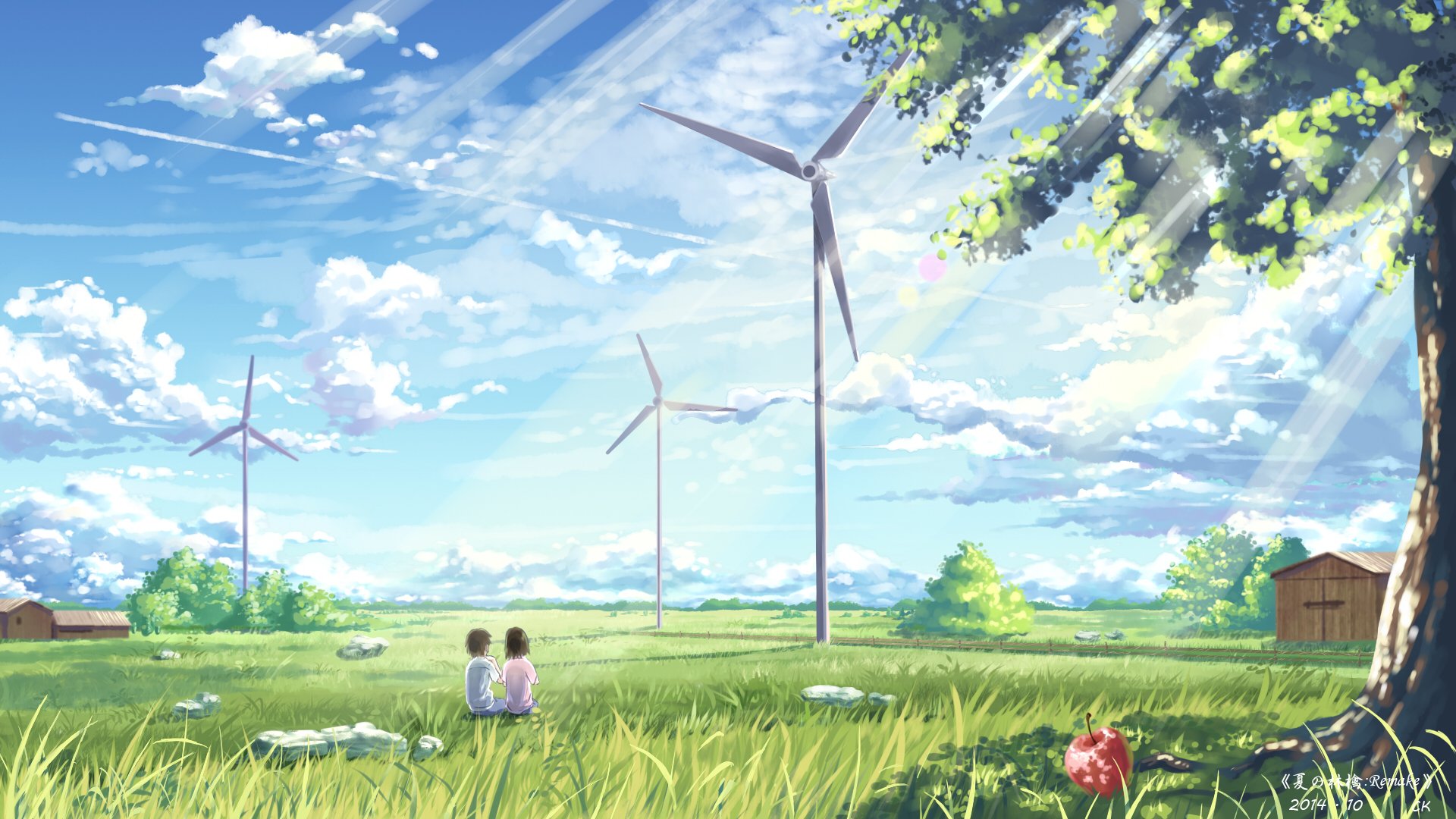 art yuko-san fille garçon nature moulins à vent ciel nuages maisons arbres anime