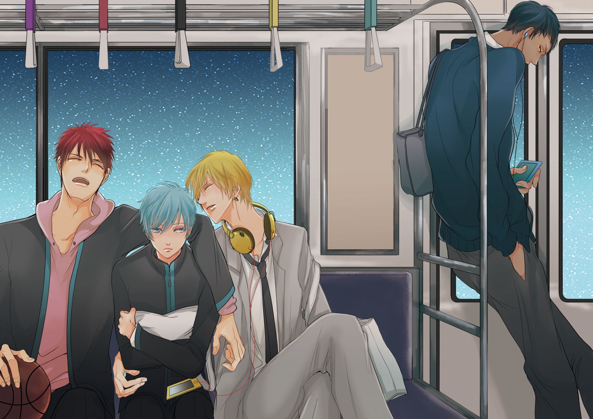 arte anime baloncesto kuroko no kuroko no cesta tetsuya kuroko kise ryouta aomine daiki kagami taiga chicos vagón metro auriculares estrellas cielo