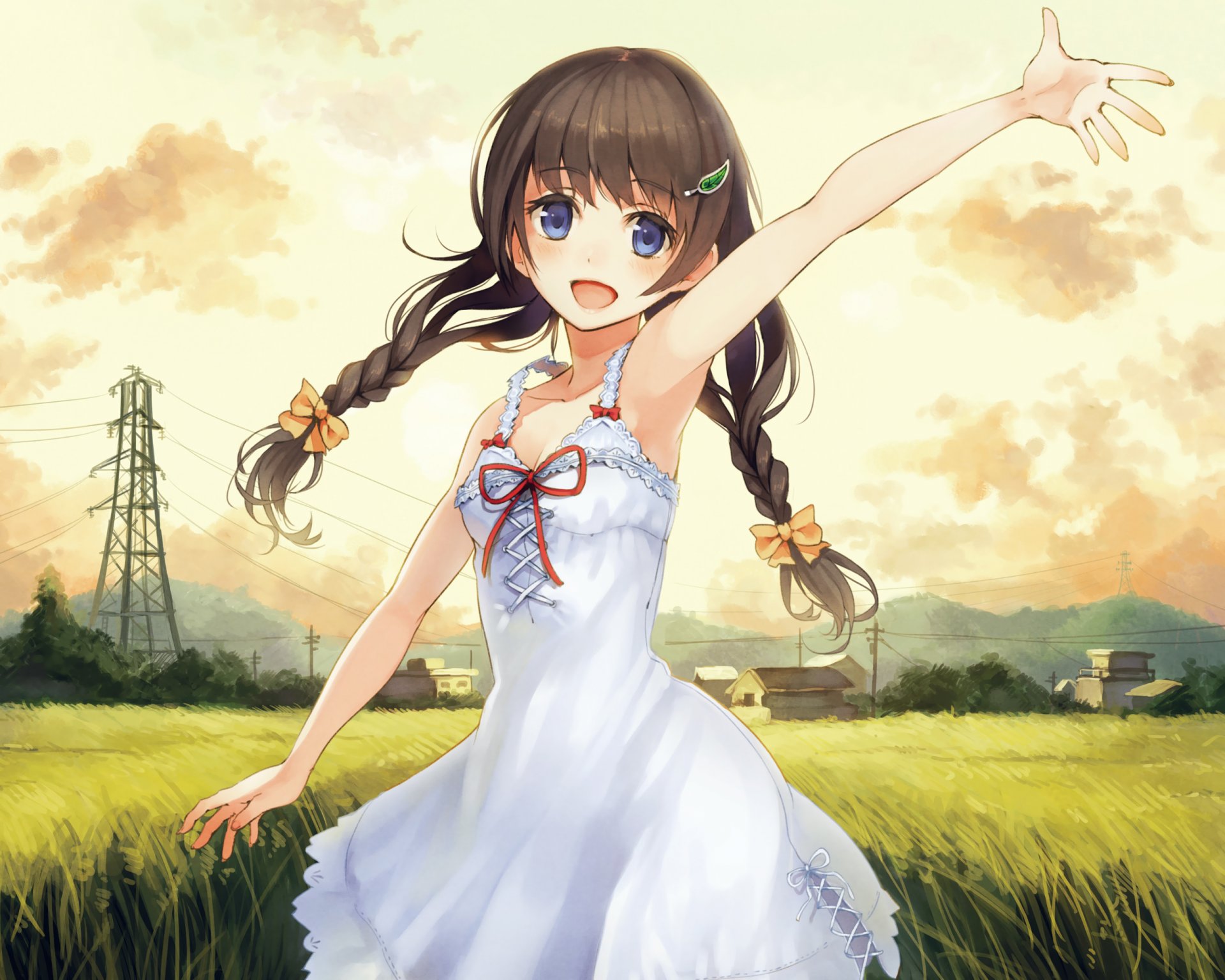 art paseri girl happiness wire pigtails bows nature house sky clouds anime