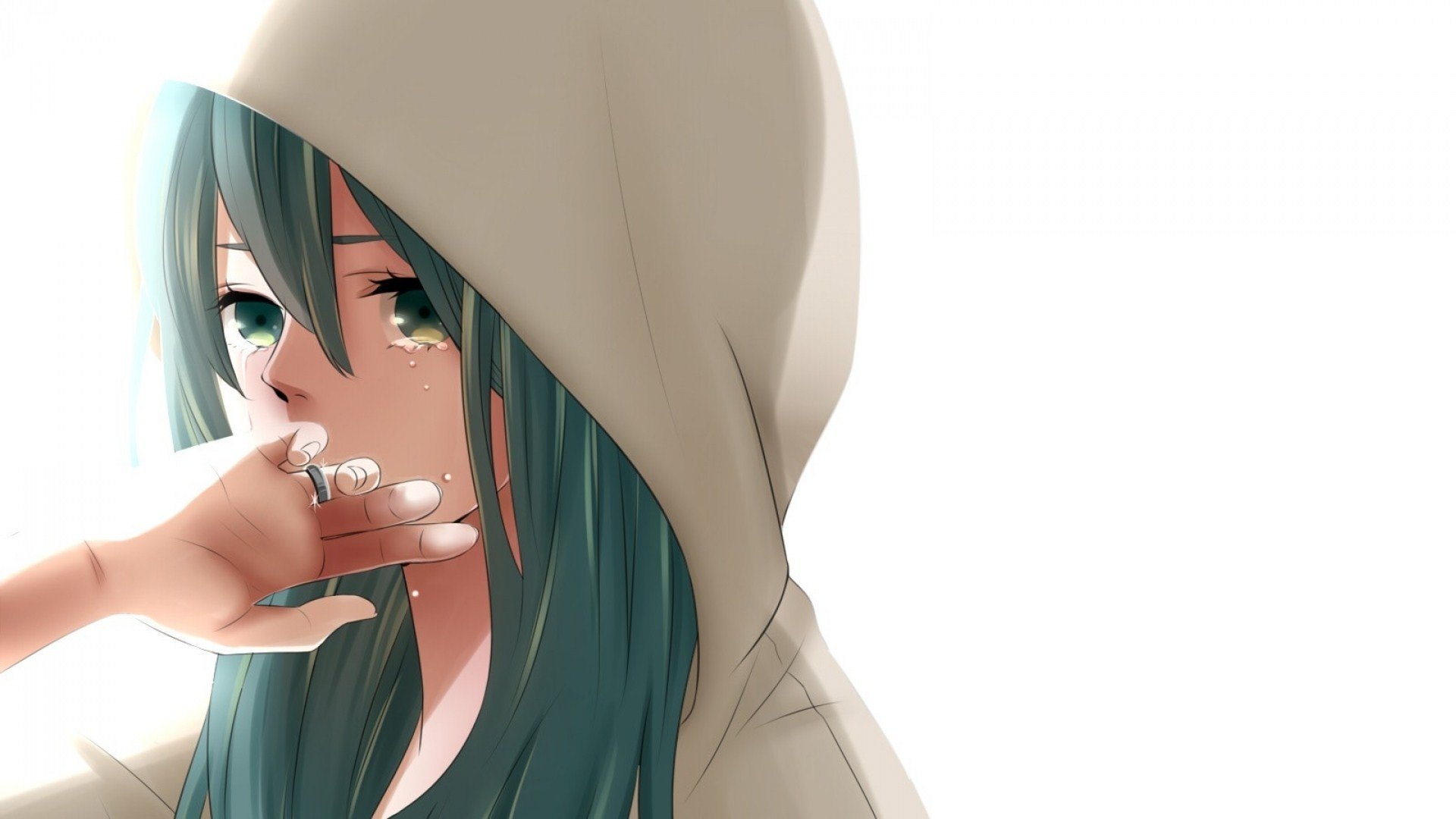 vocaloid vocaloid hatsune miku girl tears emotions white background hood ring