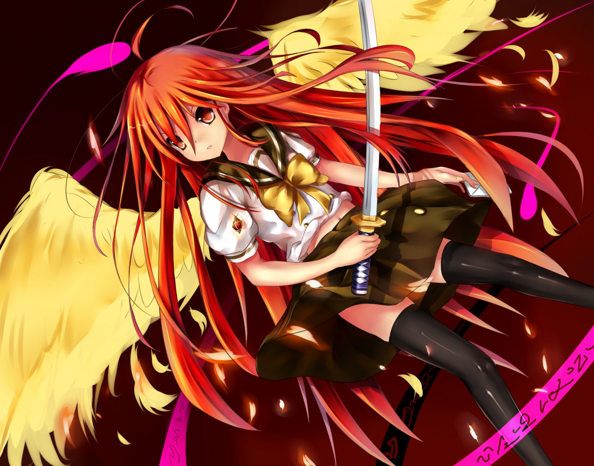 art anime shakugan no shana shana katana fire wings girl weapon bow inscription ogneglazaya hashanah