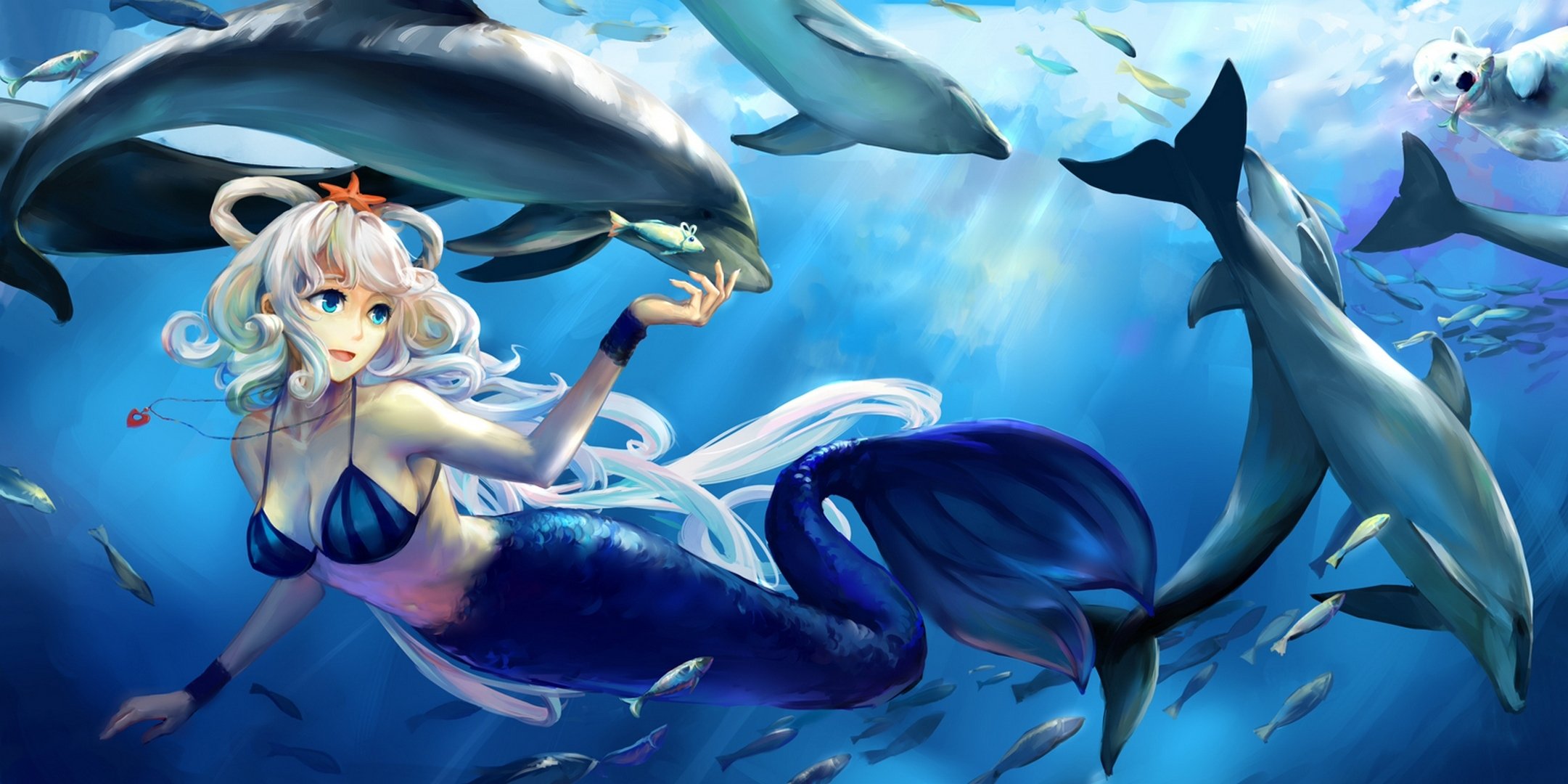 kunst jiaoshouwen vocaloid luo tianyi meerjungfrau mädchen unterwasser bär fische vocaloid stern delfine ozean