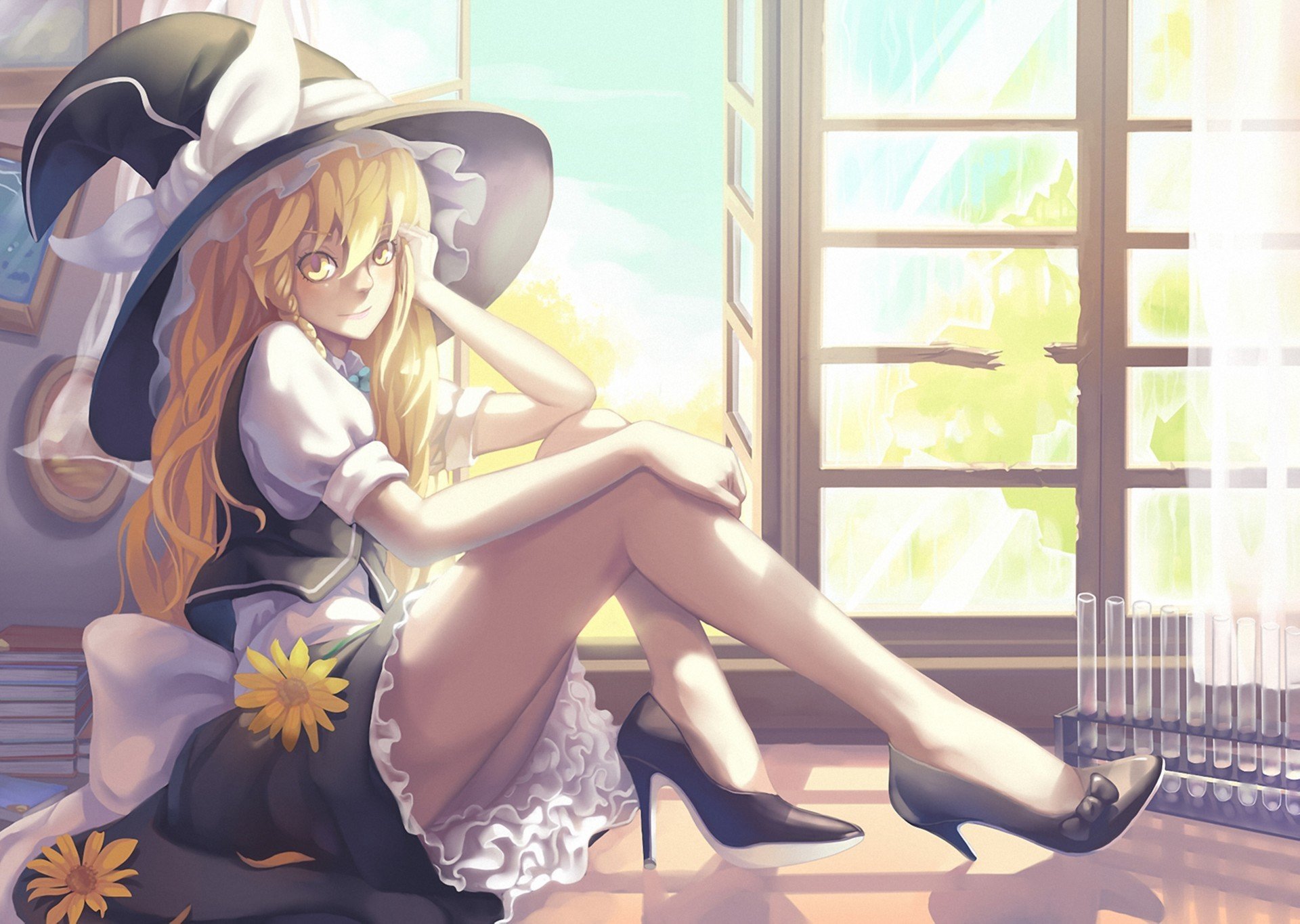 art madyy touhou kirisame marisa dziewczyna siedzi kapelusz obcasy buty kolby kwiaty okno