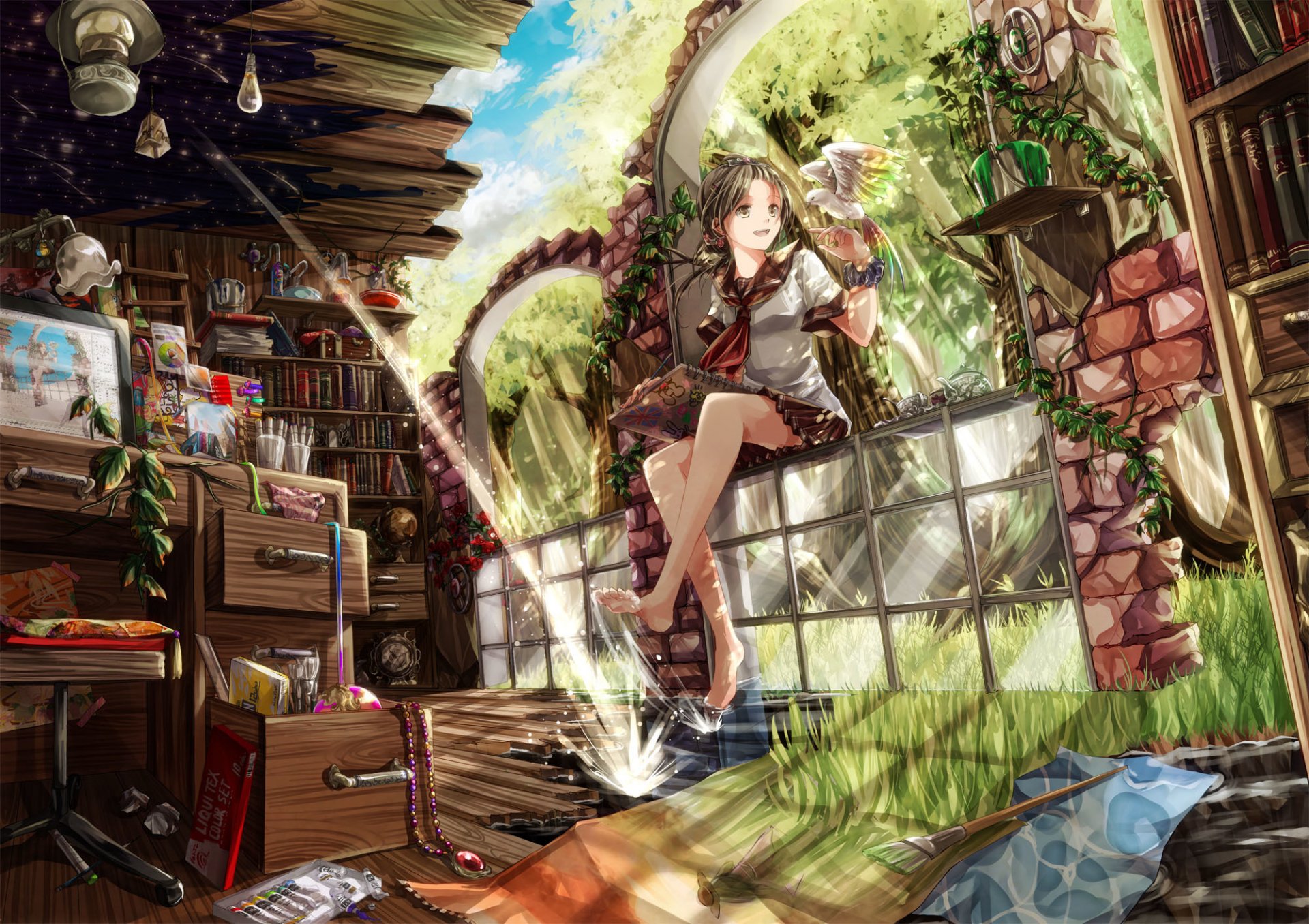 arte iroha shiki ragazza uccello piante libri lampade scaffali sedia scrivania anime natura cielo nuvole alberi acqua vetro nappa