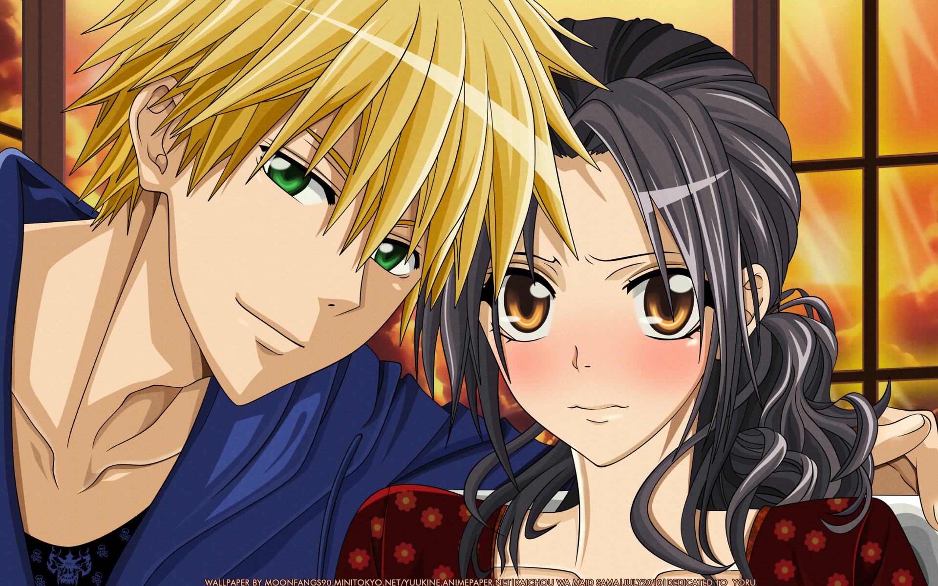 kaichou wa maid-sama the president of the student council the maid ayuzawa misaki ayudzava misaki usui takumi guy girl blonde green eyes the pair smile confused