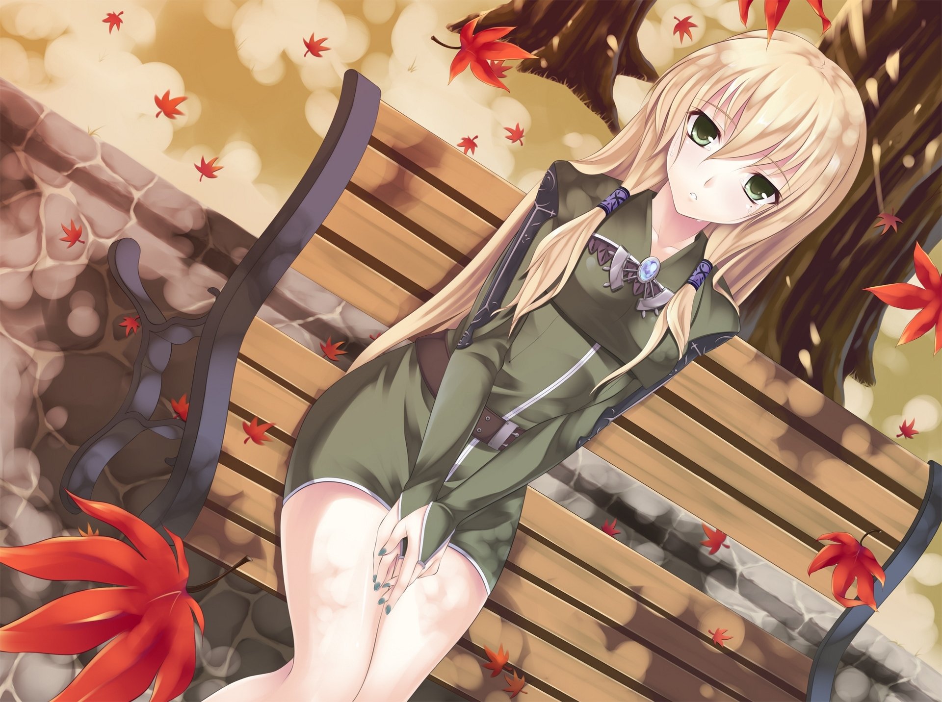 art iroha unyun girl bench leaves anime schoolgirl tree tear