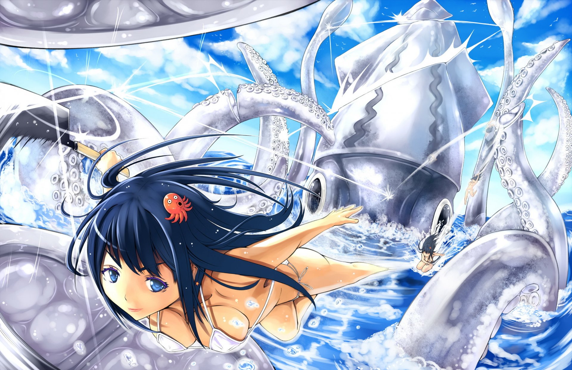 art girls water sea anime tentacles octopus sky clouds weapon drop