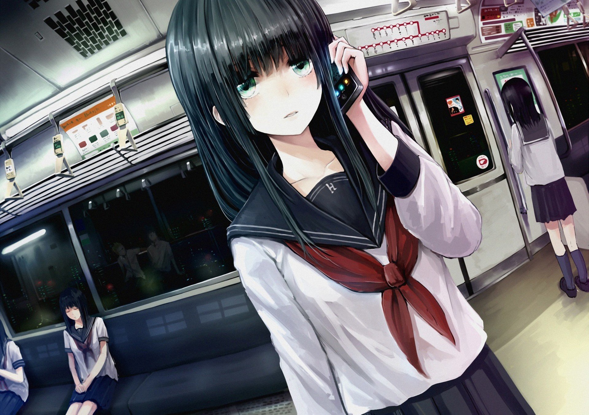 art minato shouno fille écolière uniforme métro wagon téléphone mobile ville nuit lumières