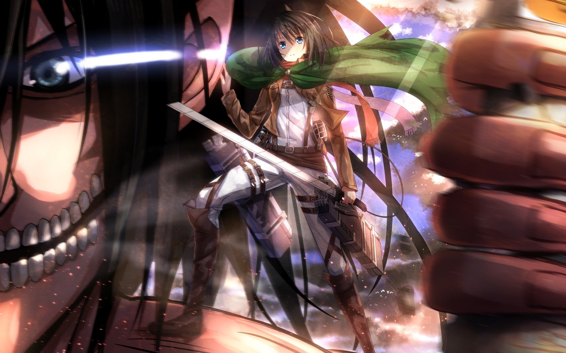 art swordsouls girl mikasa ackerman guy eren jaeger view gesture weapon blade giant titanium smoke shingeki no kyojin