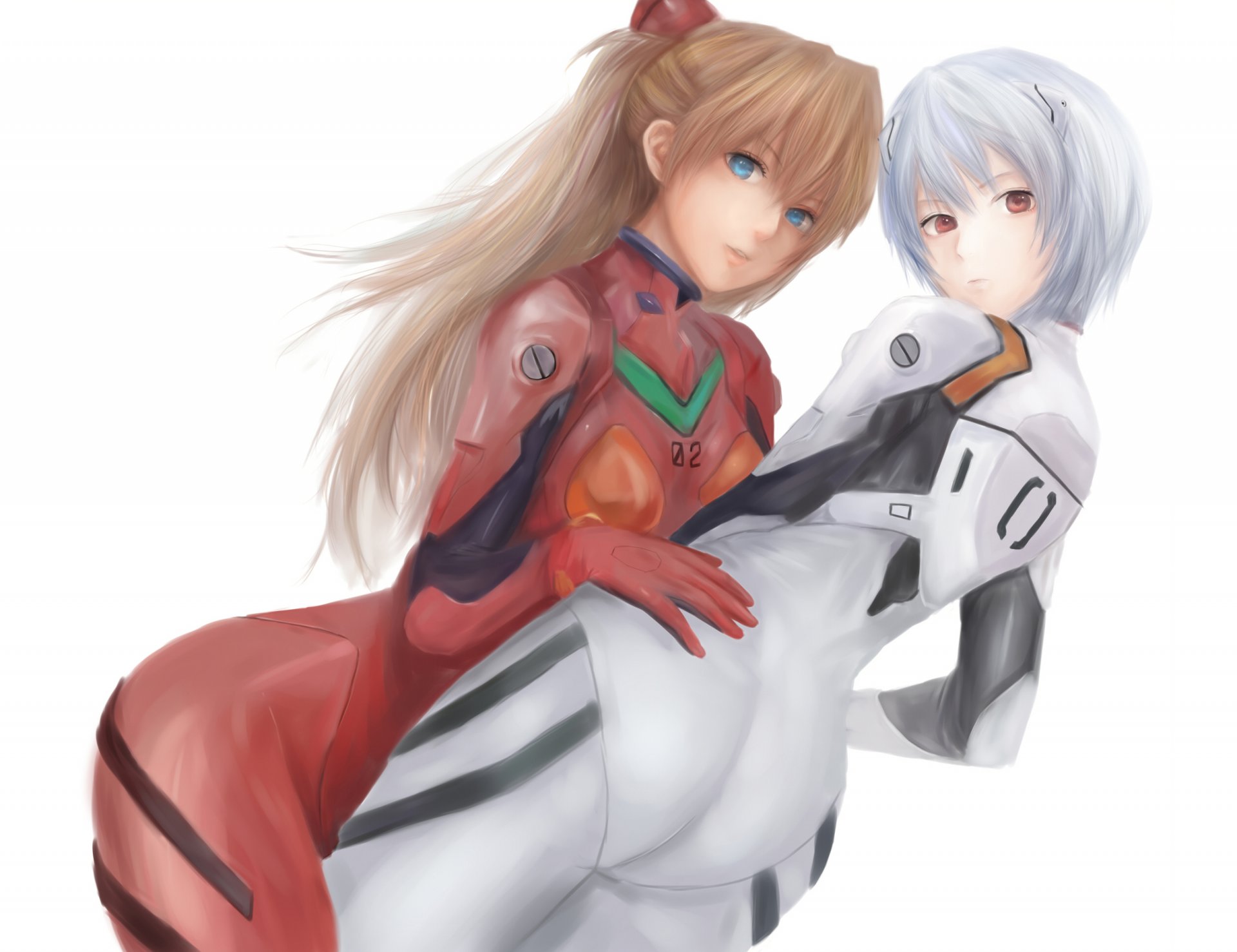 arte moekyon chicas soryu asuka langley ayanami ray abrazos traje neon genesis evangelion