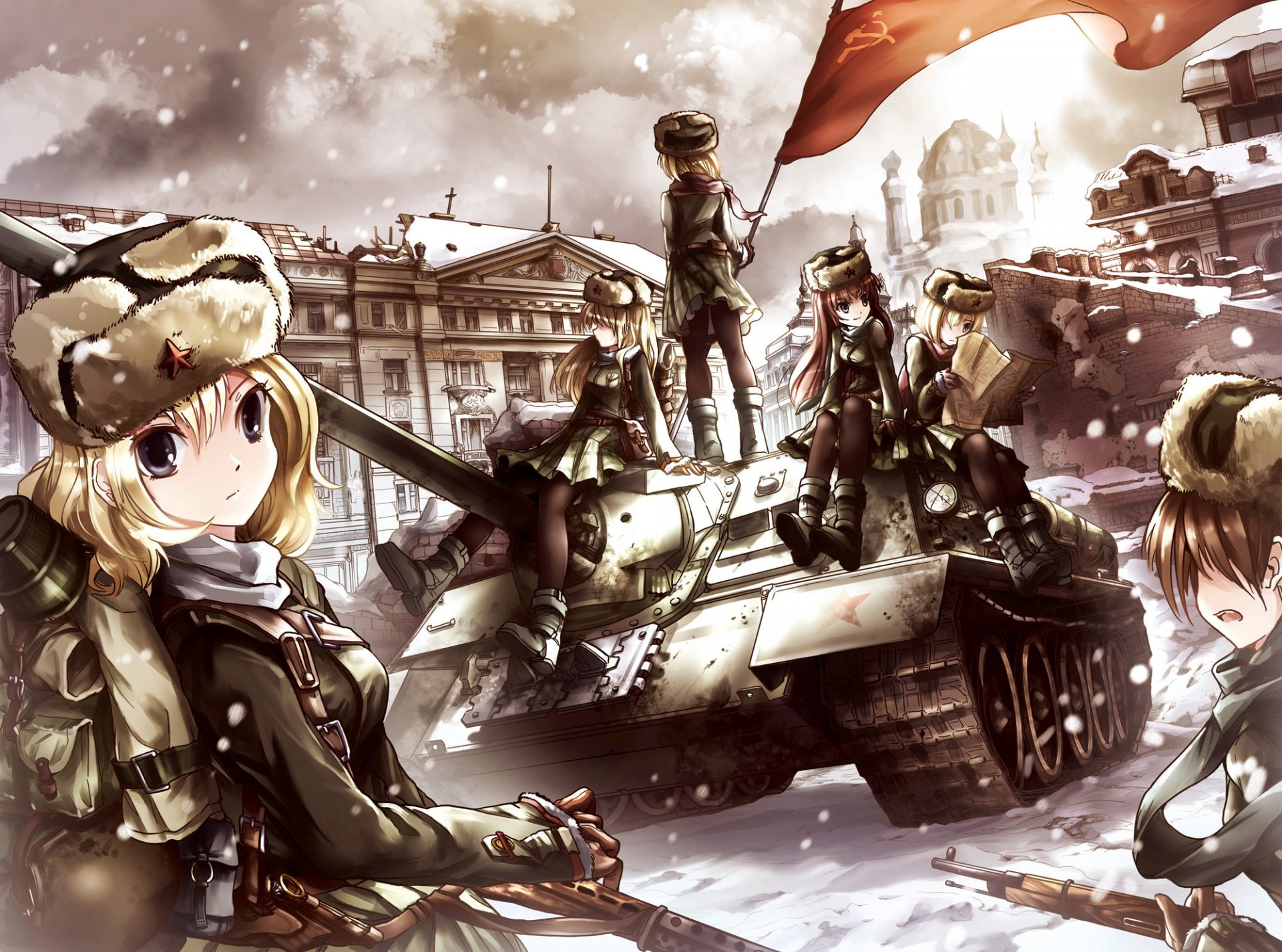 t06 ww2 su-100 ragazze rovine bandiera pt-acs armi fucili inverno neve colbacco stella falce e martello uniforme militare