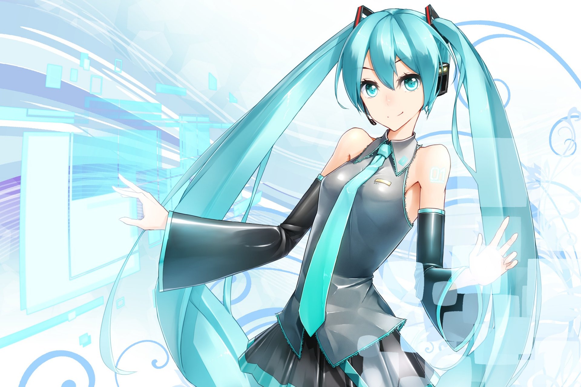 искусство ш девушка hatsune miku взгляд улыбка жест наушники вокалоид vocaloid