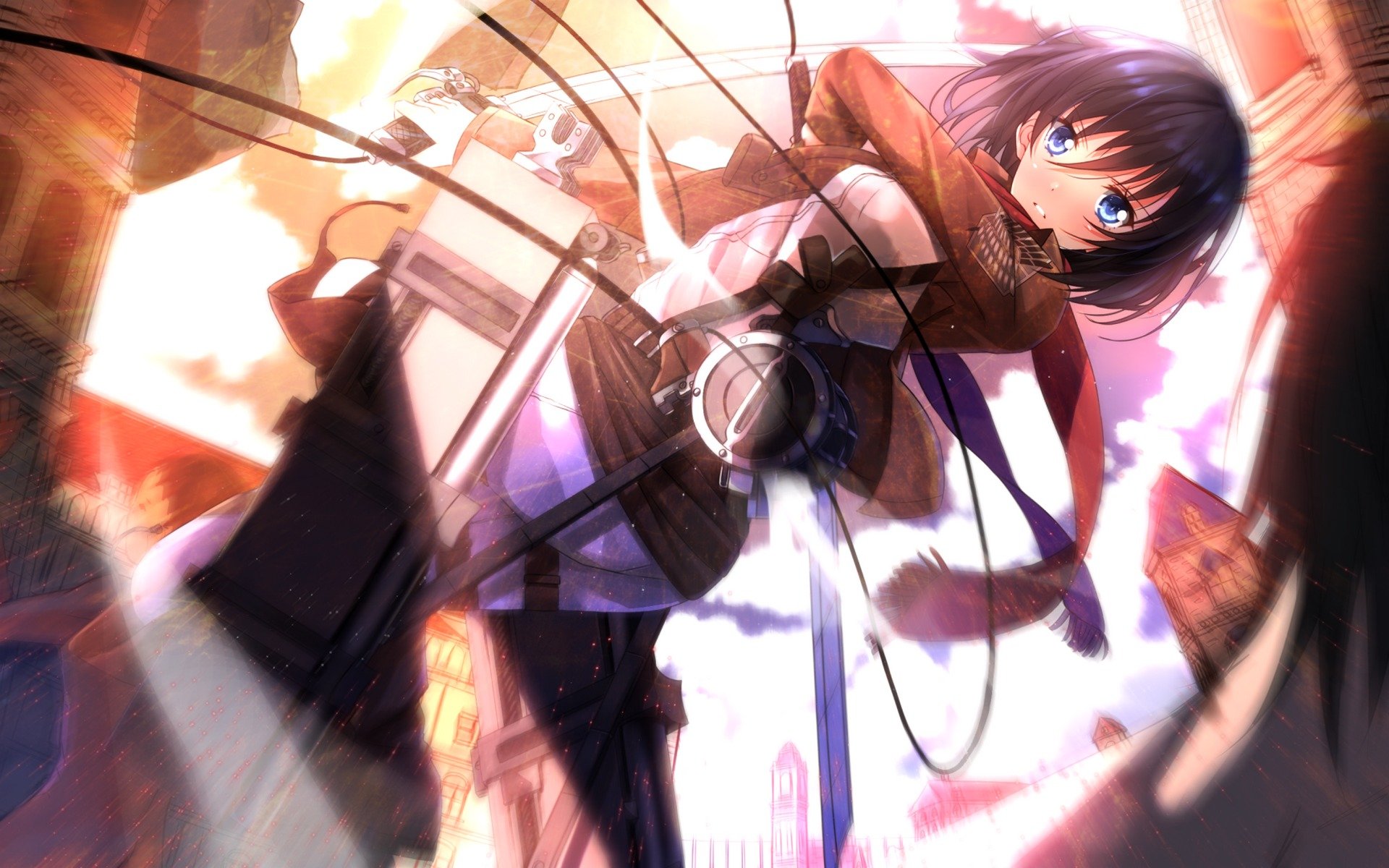 art swordsouls girl mikasa ackerman view surprised anger flight gesture blade men scarf shingeki no kyojin