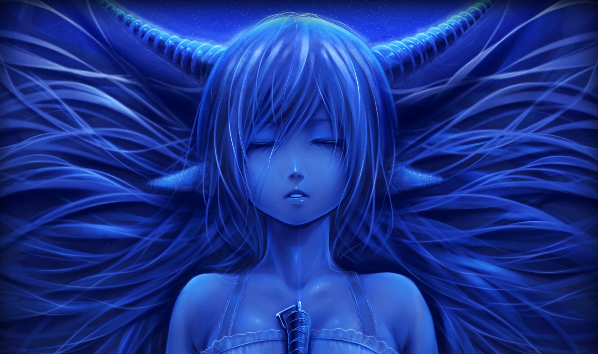 art bouno satoshi girl face horn ears sleeping blue