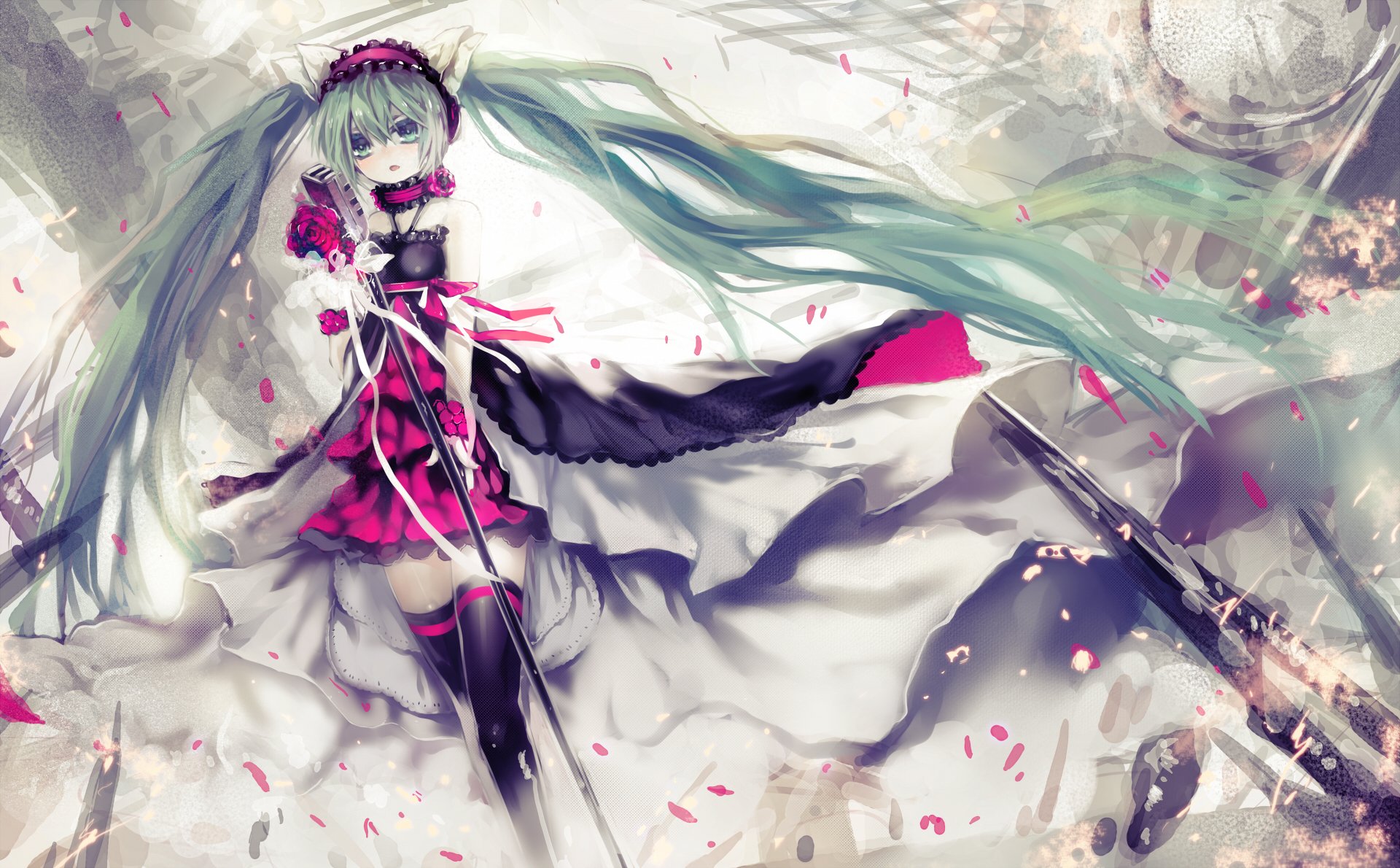 art utm 7 smok vocaloid hatsune miku dziewczyna mikrofon płatki róże vocaloid kwiaty słuchawki uszy