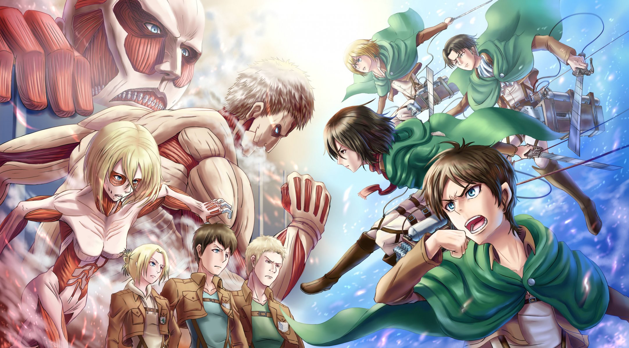 sztuka ho-oh dziewczyny annie leonard mikasa ackerman chłopaki eren jaeger armin arlert rainer brown bertholt fubar rivaille gniew spokój giganci żołnierze nie shingeki nie kyojin