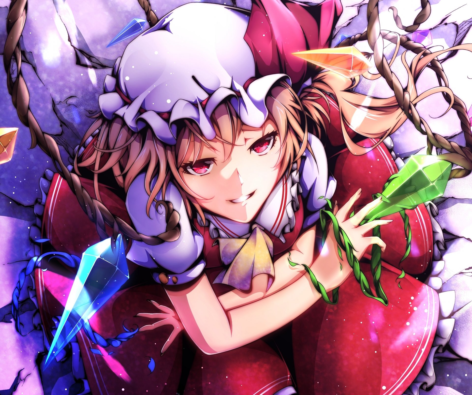 art mizuki touhou girl flandre scarlet mood smile wings crystals magic