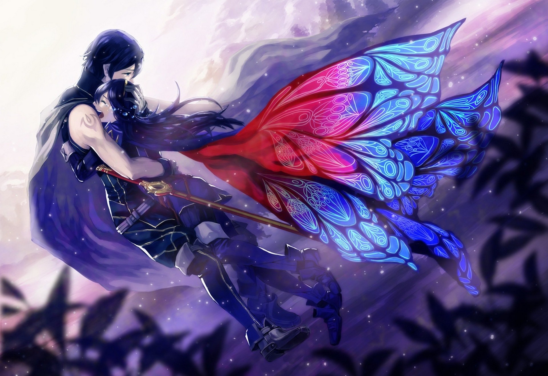 art fire emblem lucina krom girl guy hug wings tears sword weapon anime