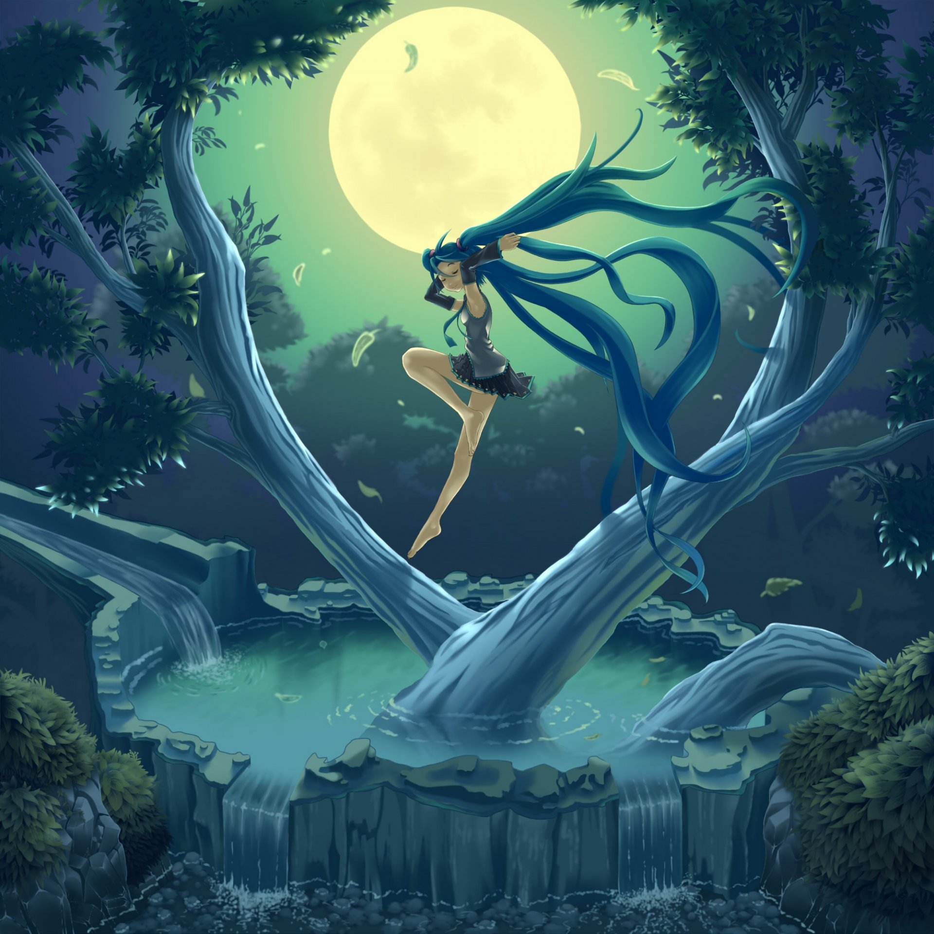 arte liebre vocaloid chica árbol agua vocaloid hatsune miku naturaleza noche cielo luna