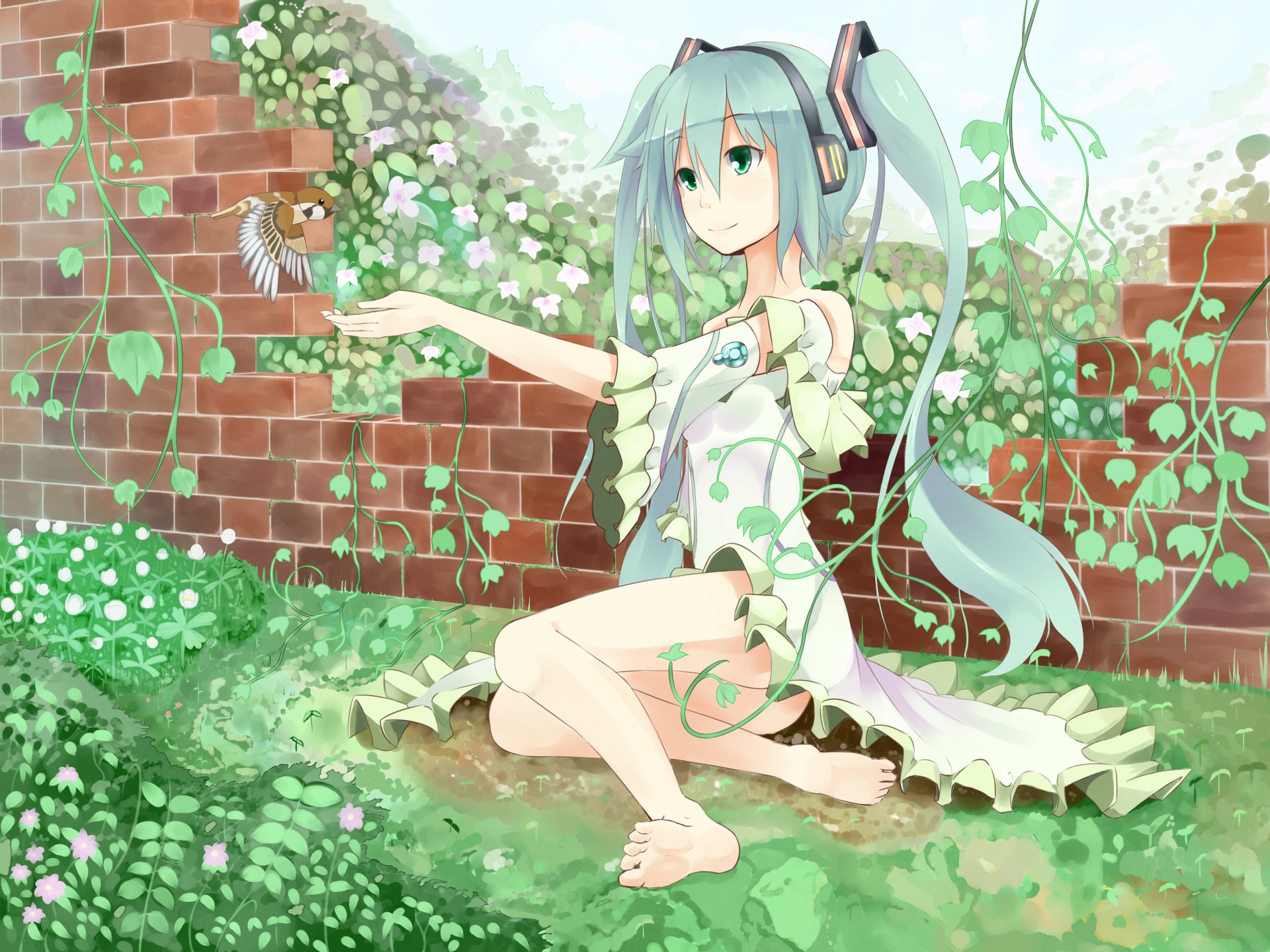 arte kagamine09 vocaloid hatsune miku chica vocaloid pajarito anime plantas flores auriculares