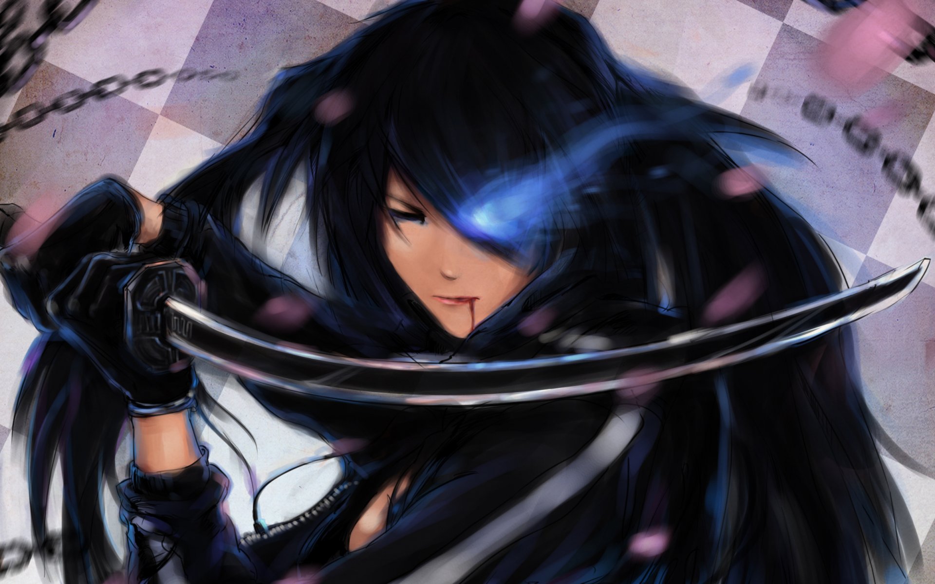 black rock shooter kuroi mato mädchen blaue flamme blut schwert ketten