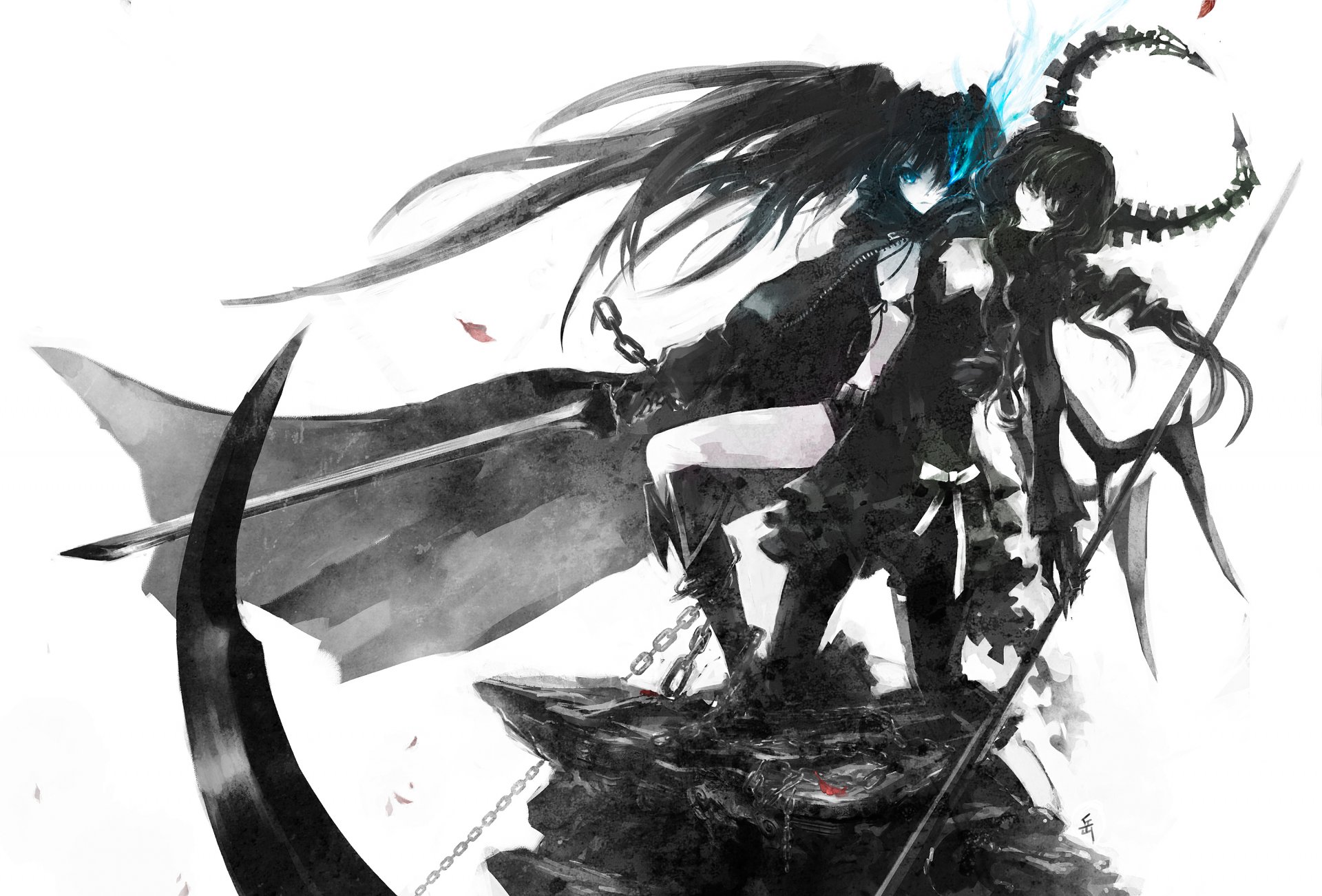 black rock shooter kuroi mato takanashi emi black rock shooter mädchen waffe schwert zopf mantel blaue flamme kette archlich