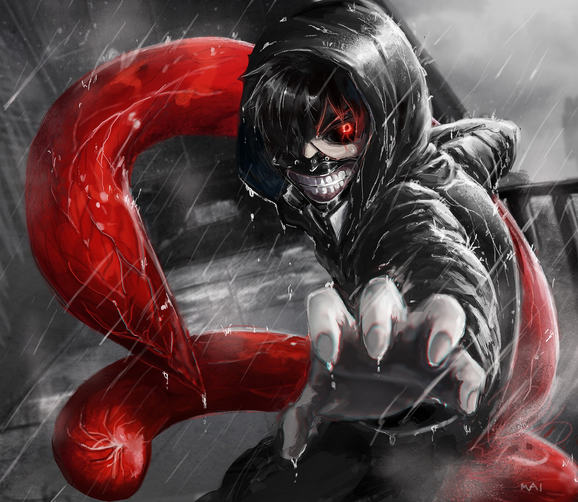 arte matsubox chico kaneki ken mirada gesto garra lluvia monocromo tokio ghoul