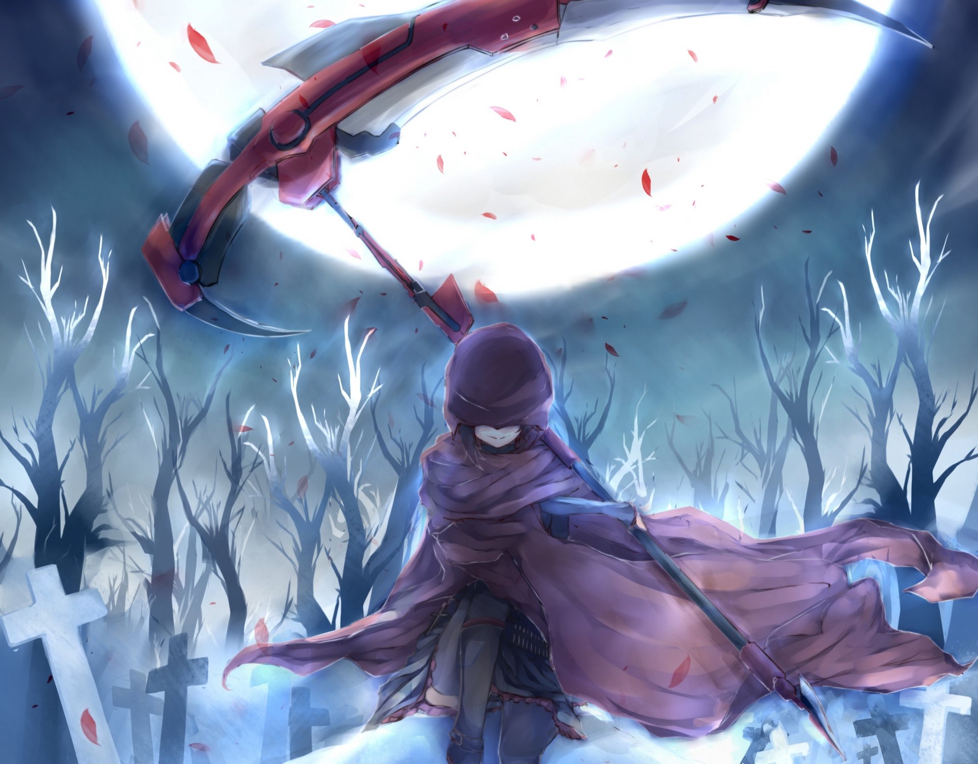 art a430dp anime rwby ruby girl night moon weapon spit petals hood tree