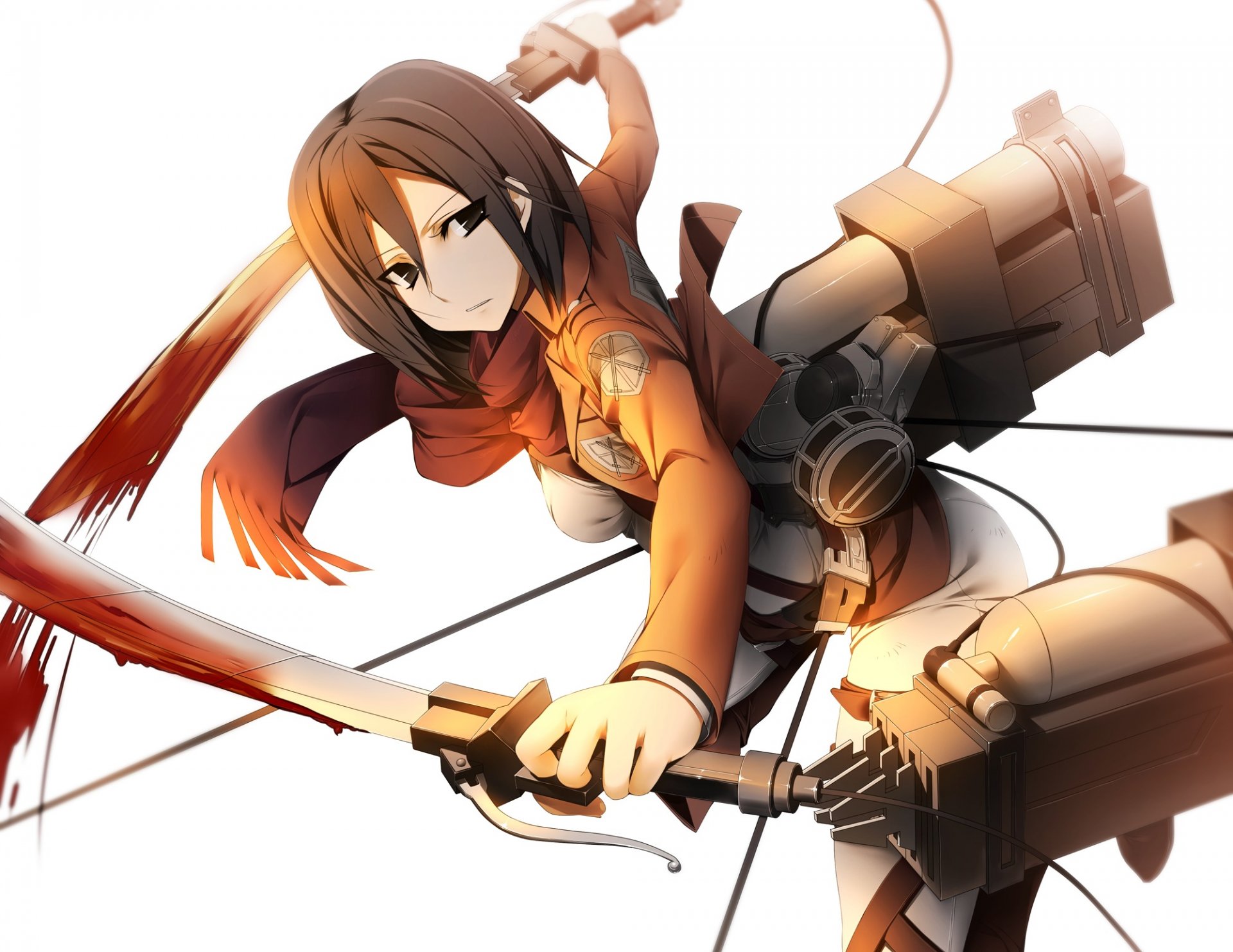 kunst kamitsurugi ouka mädchen mikasa ackerman blick geste waffe blut seil fliegen kein shingeki kein kyojin