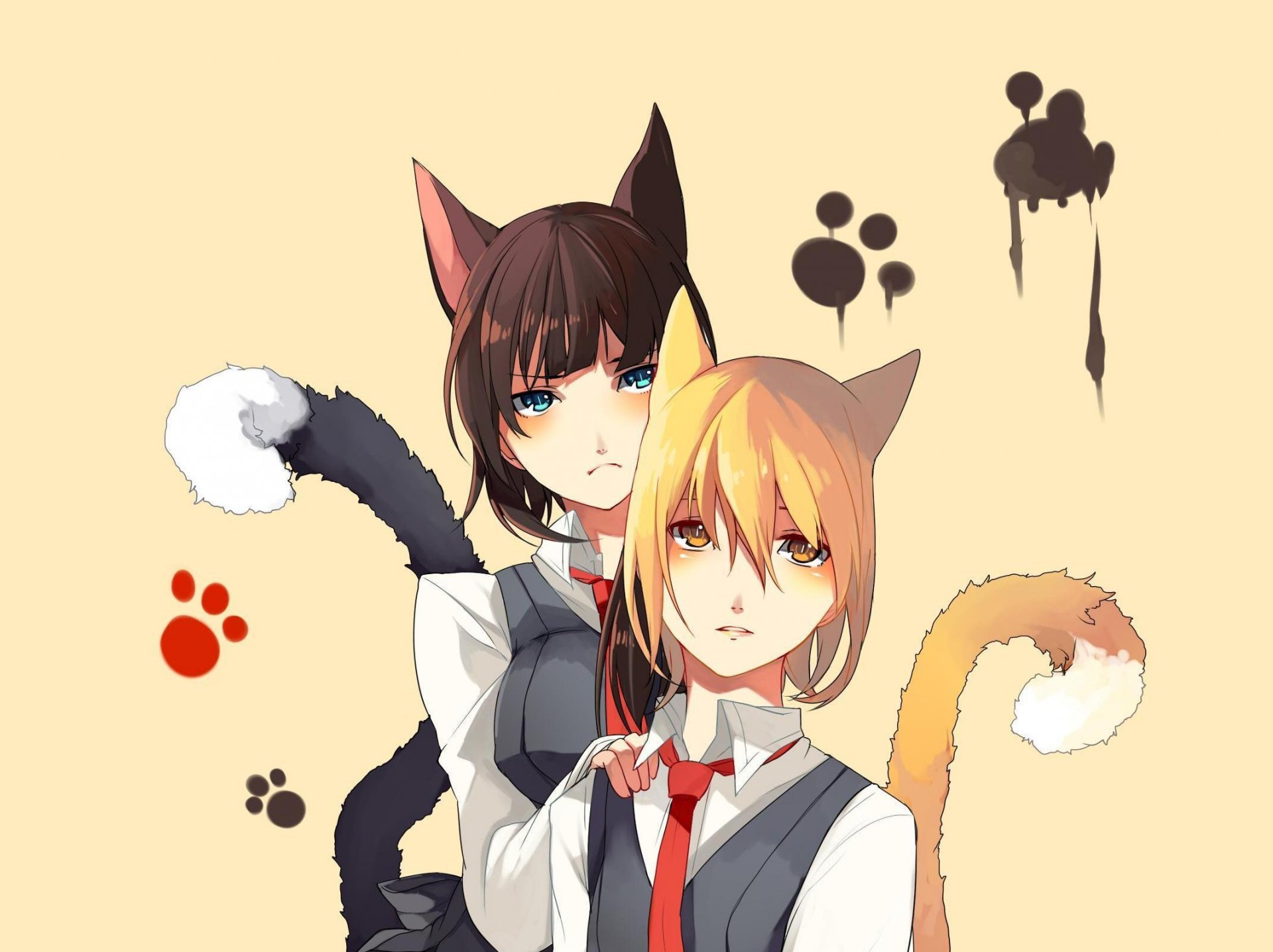 anime chica gato neko orejas cola de caballo uniforme escolar huellas patas