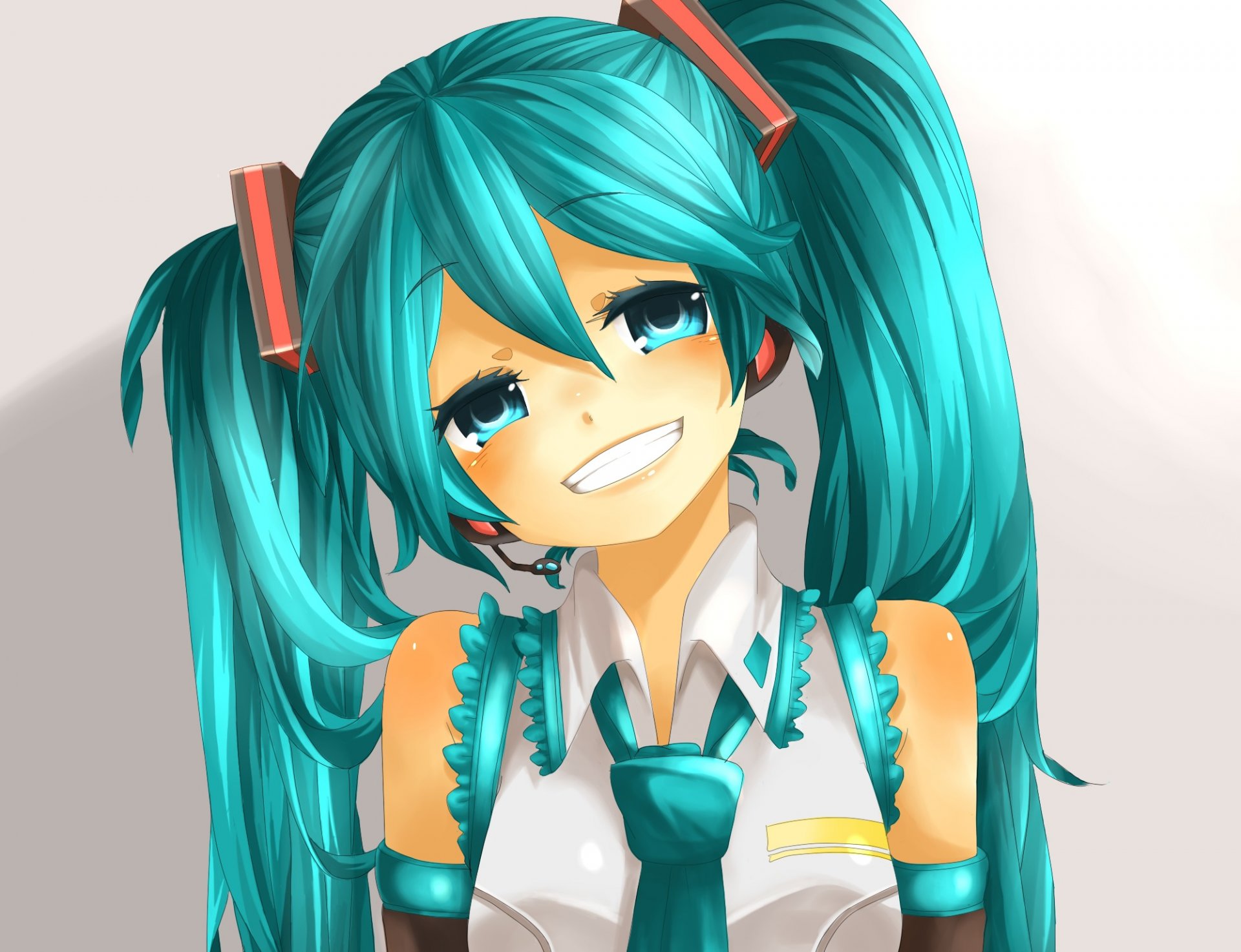 art rojiko vocaloid hatsune miku girl smile microphone vocaloid eyes headphones tie