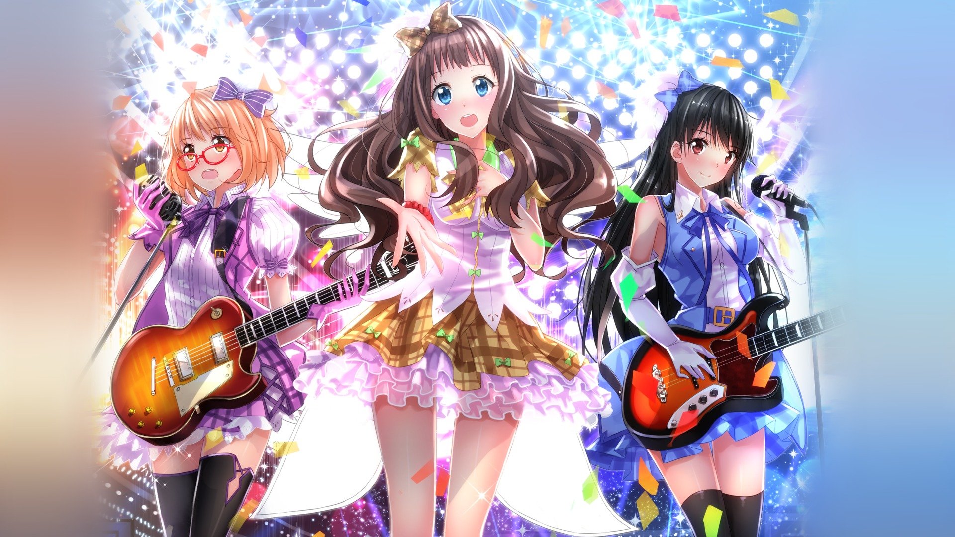 art swordsouls anime kyoukai no kanata beyond girls kuriyama mirai nase mitsuki shindou ai youmu guardian microphone guitars statement dresses wings sunglasses view smile