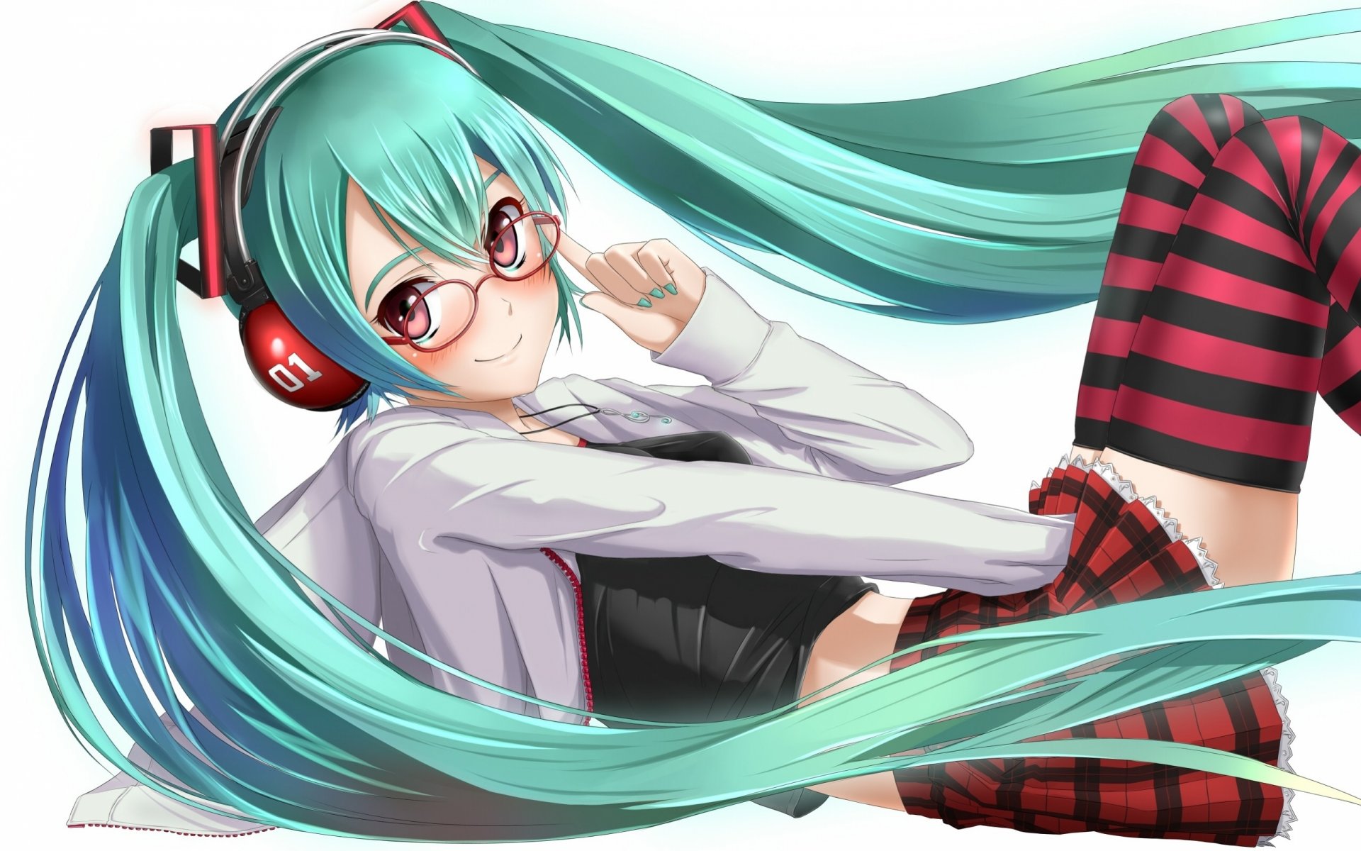 sztuka dziewczyna hatsune miku spojrzenie uśmiech zakłopotanie leży okulary słuchawki vocaloid vocaloid