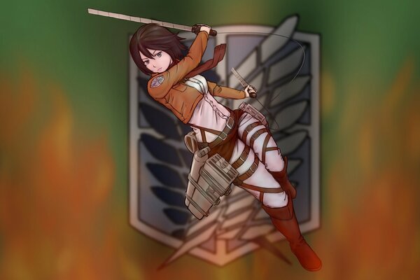 Anime fliegendes Mädchen Mikasa ackerman mit einer Klinge aus einem Banner