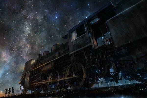 Dibujo de una locomotora en la noche bajo las estrellas