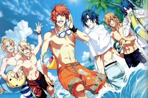 Anime guys on a summer beach