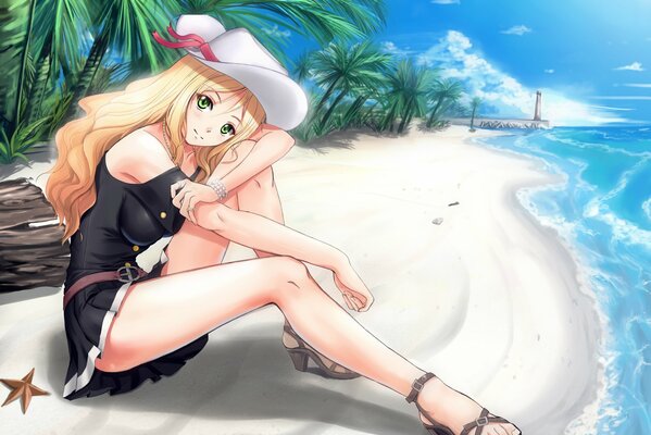 Anime drawing of a girl in a dress sitting on the beach under palm trees