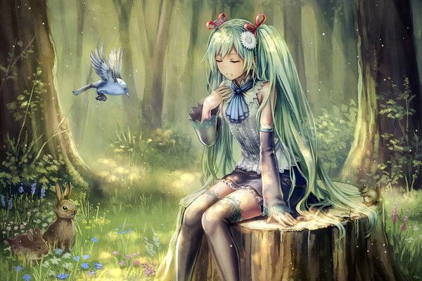 A girl with green hair in the forest