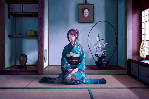 Chica en kimono en la habitación