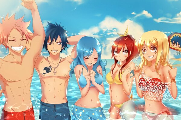 Anime con cinque adolescenti e ragazze sulla spiaggia