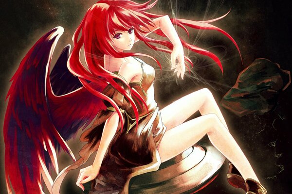 A girl in red with long hair and wings