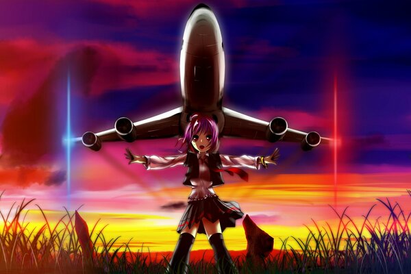 Anime dziewczyna na tle samolotu o zachodzie słońca