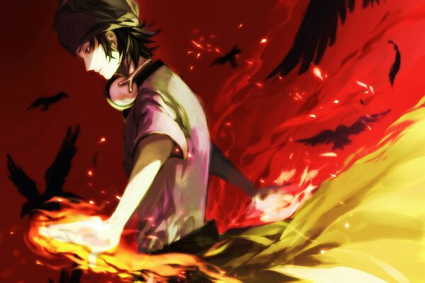 Misaki Yata con il fuoco sullo sfondo degli uccelli
