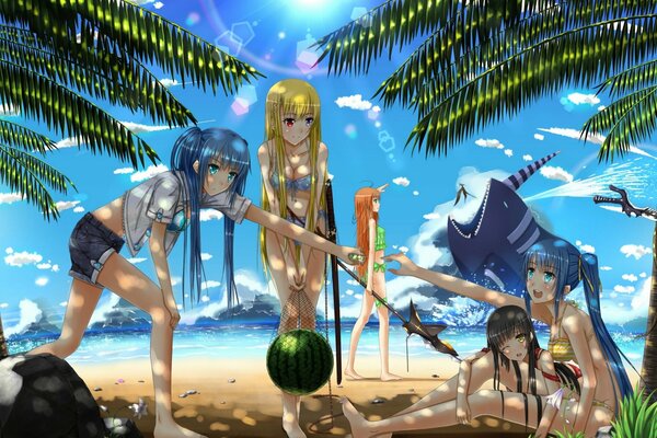 Anime filles sur la plage de la mer