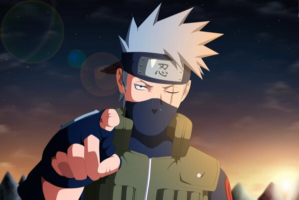 Naruto anime. Kakashi points with his finger