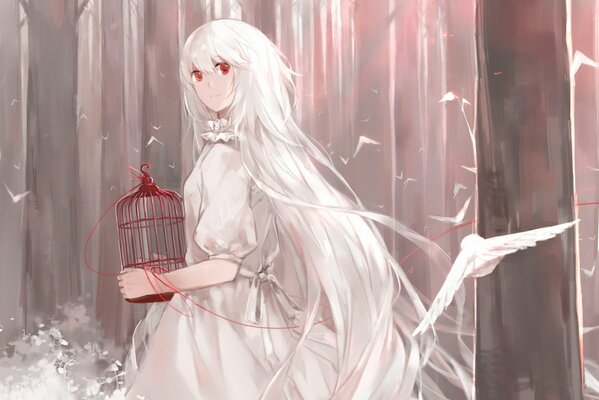 Anime girl in a white dress holds a cage with a red thread in the forest